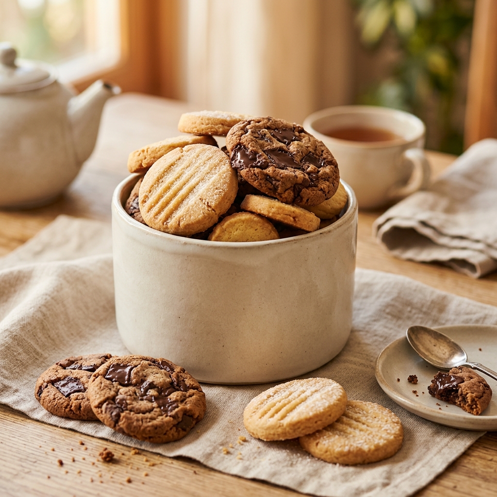 Assorted shortbreads and chocolate chip cookies in a minimal ceramic jar