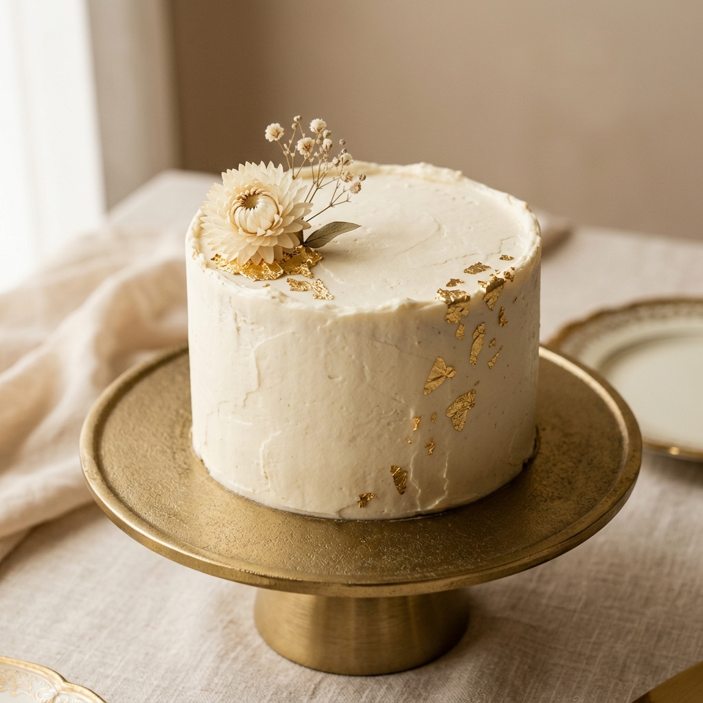 A minimalist elegant white celebration cake decorated with gold foil